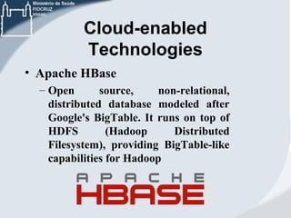 Cloud-enabled
Technologies
• Apache HBase
– Open
source,
non-relational,
distributed database modeled after
Google's BigTable. It runs on top of
HDFS
(Hadoop
Distributed
Filesystem), providing BigTable-like
capabilities for Hadoop

 