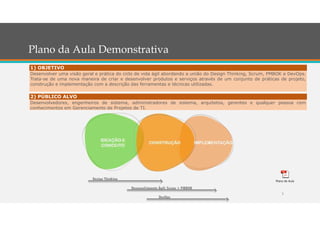 3
1) OBJETIVO
Desenvolver uma visão geral e prática do ciclo de vida ágil abordando a união do Design Thinking, Scrum, PMBOK e DevOps.
Trata-se de uma nova maneira de criar e desenvolver produtos e serviços através de um conjunto de práticas de projeto,
construção e implementação com a descrição das ferramentas e técnicas utilizadas.
2) PÚBLICO ALVO
Desenvolvedores, engenheiros de sistema, administradores de sistema, arquitetos, gerentes e qualquer pessoa com
conhecimentos em Gerenciamento de Projetos de TI.
Plano de Aula
Plano da Aula Demonstrativa
 