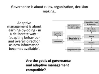 Governance	is	about	rules,	organiza)on,	decision	
making..	
Adap)ve	
management	is	about	
learning-by-doing	-	in	
a	deliberate	way	–	
‘adap)ng	behaviour	
and	overall	direc)on	
as	new	informa)on	
becomes	available’.		
Are	the	goals	of	governance		
and	adap2ve	management	
compa2ble?	
 