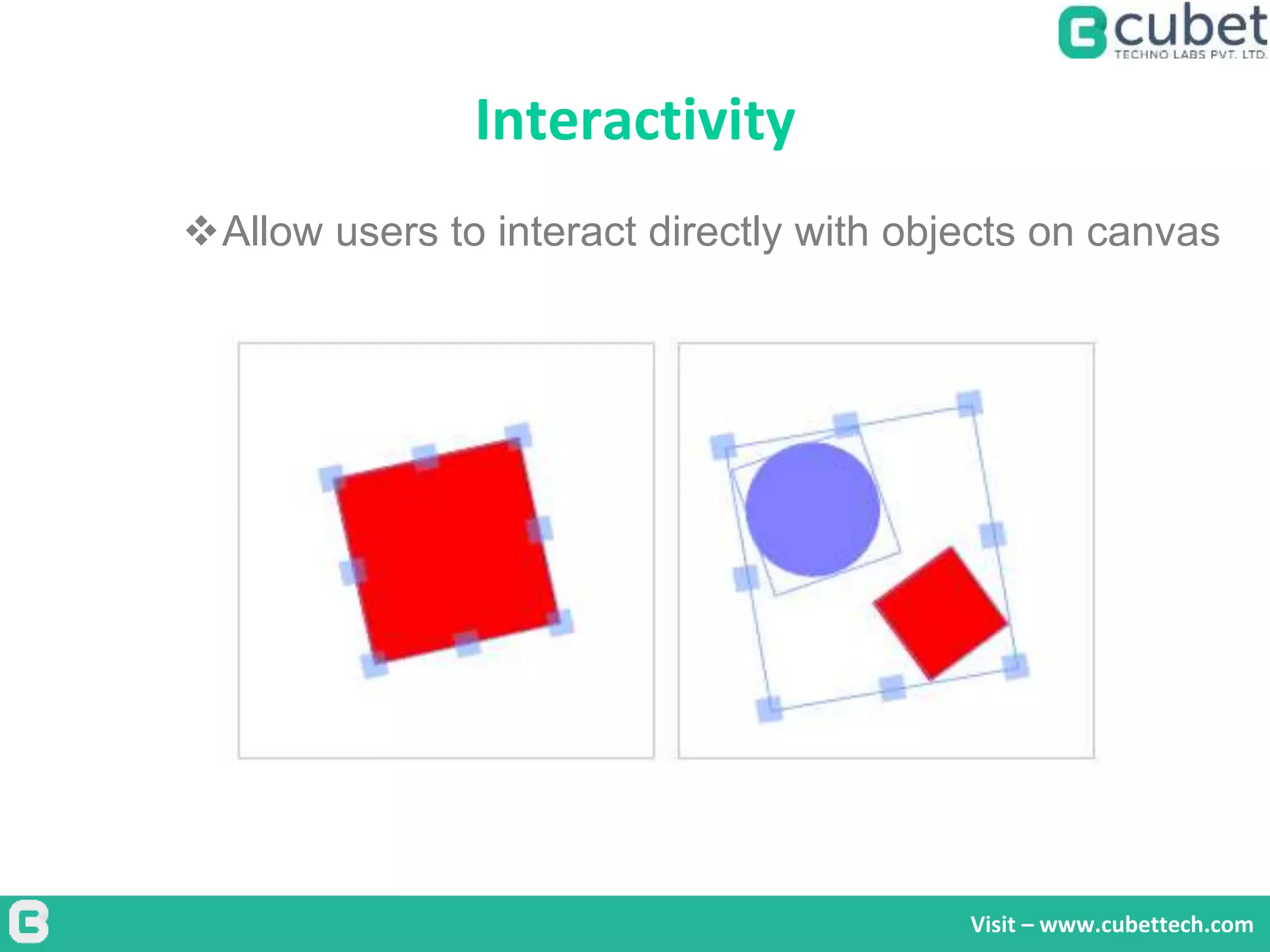 Interactivity
Visit – www.cubettech.com
Allow users to interact directly with objects on canvas
 