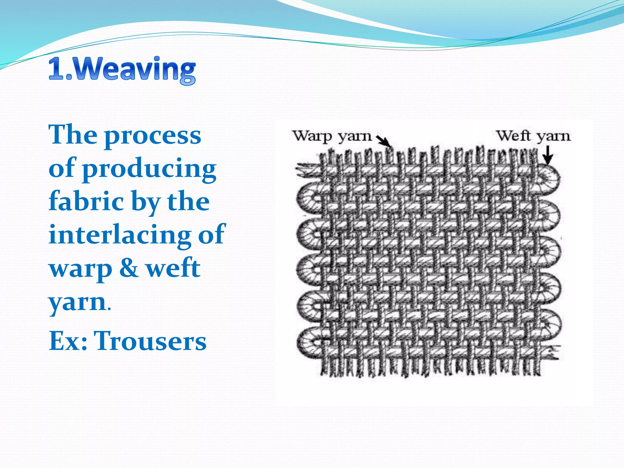 The process
of producing
fabric by the
interlacing of
warp & weft
yarn.
Ex: Trousers
 