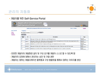 관리의 자동화
• 개발자를 위한 Self-Service Portal




• 빈번한 개발자의 개발환경 설치 및 구성 요구를 개발자 스스로 할 수 있도록 함
• 개발자의 요청에 대해서 관리자는 승인 및 거절 권한
• 개발자는 원하는 애플리케이션 플랫폼과 구성 템플릿을 통해서 원하는 이미지를 생성




                                                 24
 