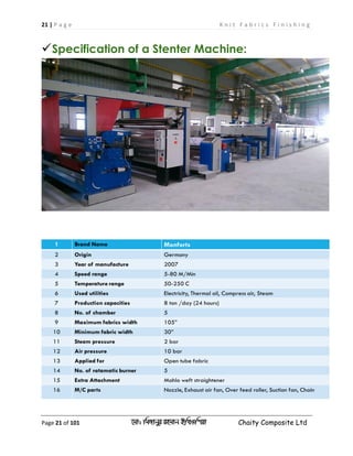 21 | P a g e K n i t F a b r i c s F i n i s h i n g
Page 21 of 101 ‡gv: wgRvbyi ingvb Bw_Iwcqv Chaity Composite Ltd
Specification of a Stenter Machine:
 