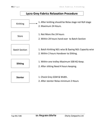 93 | P a g e K n i t F a b r i c s F i n i s h i n g
Page 93 of 101 ‡gv: wgRvbyi ingvb Bw_Iwcqv Chaity Composite Ltd
Lycra Grey Fabrics Relaxation Procedure
Knitting
1. After knitting should be Relax stage not Roll stage
2. Maximum 24 Hours.
Store
1. Not More the 24 hours
2. Within 24 hours hand over to Batch Section
Batch Section 1. Batch Knitting M/c wise & Dyeing M/c Capacity wise
2. Within 2 hours Handover to Slitting.
Slitting
1. Within one trolley Maximum 500 KG Keep.
2. After slitting Need 4 hours keeping.
Stenter 1. Check Grey GSM & Width.
2. After stenter Relax minimum 2 Hours
 