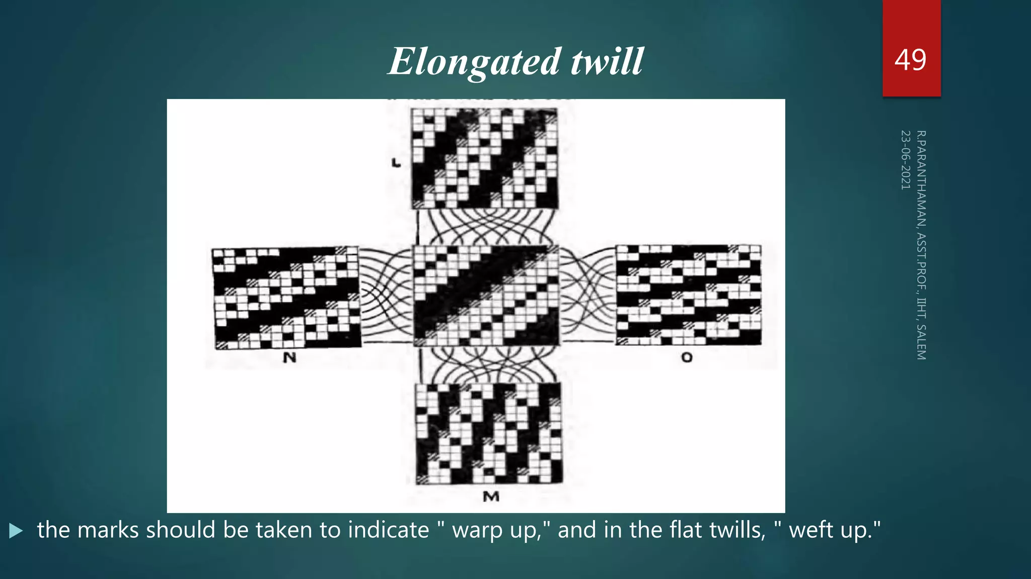 Elongated twill
 the marks should be taken to indicate " warp up," and in the flat twills, " weft up."
49
 