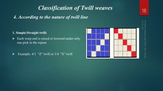 1. Simple/Straight twill:
 Each warp end is raised or lowered under only
one pick in the repeat.
 Example: 4/1 “Z” twill or 1/4 “S” twill
18
4. According to the nature of twill line
Classification of Twill weaves
 