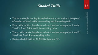 Shaded Twills
 The term double shading is applied to the style, which is composed
of number of small twills in ascending and descending order.
 Four twills on five threads are selected and are arranged as 1 and 4,
2 and 3, 3 and 2 & 4 and 1 in ascending order.
 Three twills on six threads are selected and are arranged as 4 and 2,
3 and 3 & 2 and 4 in descending order.
 Double shaded twill on 38 X 38 is shown at ‘B’.
57
 