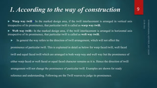 1. According to the way of construction
 Warp way twill:- In the marked design area, if the twill interlacement is arranged in vertical axis
irrespective of its prominence, that particular twill is called as warp way twill.
 Weft way twill:- In the marked design area, if the twill interlacement is arranged in horizontal axis
irrespective of its prominence, that particular twill is called as weft way twill.
 In general the way refers to the direction of twill arrangement, which will not affect the
prominence of particular twill. This is explained in detail as below for warp faced twill, weft faced
twill and equal faced twill which are arranged in both warp way and weft way but the prominence of
either warp faced or weft faced or equal faced character remains as it is. Hence the direction of twill
arrangement will not change the prominence of particular twill. Examples are shown for ready
reference and understanding. Following are the Twill weaves to judge its prominence.
9
 