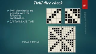 Twill dice check
 Twill dice checks are
possible with the
following
combination.
 2/4 Twill & 4/2 Twill,
94
2/4 Twill & 4/2 Twill
 