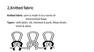 2,Knitted fabric
Knitted fabric: yarn is made in to a series of
intermeshed loops
Types:- weft (plain, rib, interlock & purl), Warp (chain,
tricot & atlas)
 
