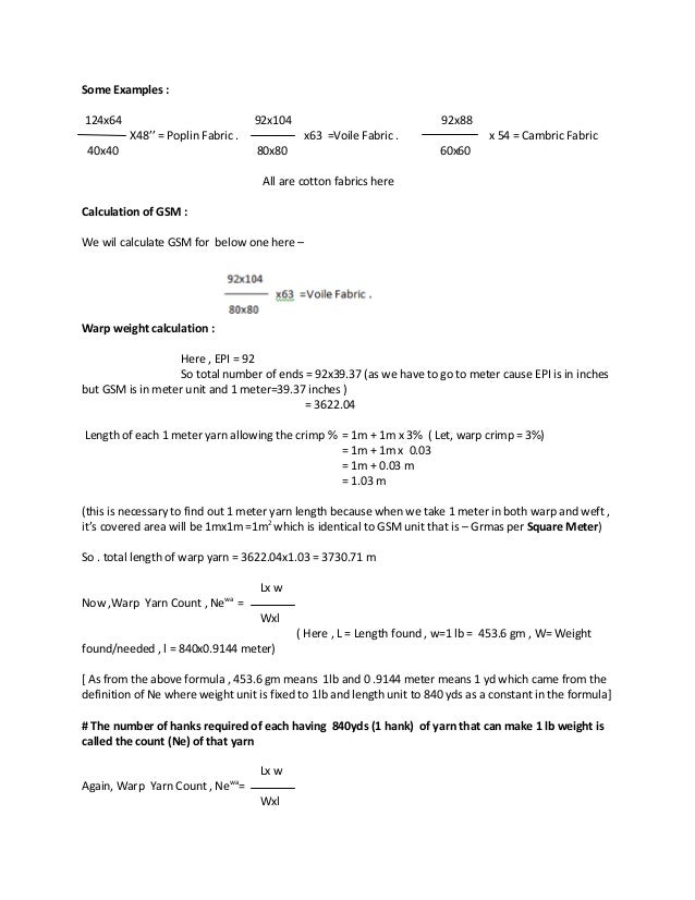 Fabric weight calculation in GSM