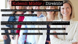 Kıdemli Müdür / Direktör
Milletin çalıştığı şirketlerde, bu pozisyona BMW veriyorlar biz hala Passat'a talim ediyoruz.
Long Weekend’ler olmasa çekilecek kahrı yok bu işin
Arkadaşım Tarjan, Mokoko şirketinde çalışıyor. Benim pozisyonunma göre çok daha dar bir iş tanımı var.
Benim maaşımın %40 fazlasını alıyor. Vay anasını, nasıl yiyorlar bizi belli değil?
%30 fark ve 5 maaş transfer parası versinler her yere giderim. İki dakika durursam adam değilim.
Yeni nesilden adam olmaz Hayatım toplantılarda geçiyor Bu yaştan sonra ne eğitimi ya?
 