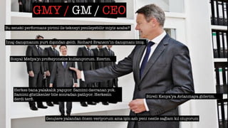 GMY / GM / CEO
Bu seneki performans pirimi ile tekneyi yenileyebilir miyiz acaba?
Süreli Kenya’ya Avlanmaya giderim.
İmaj danışmanım yurt dışından geldi. Richard Branson’ın danışmanı imiş.
Sosyal Medya'yı profesyonelce kullanıyorum. Ezerim.
Herkes bana yalakalık yapıyor. Samimi davranan yok.
Samimi gözükenler bile sonradan patlıyor. Herkesin
derdi terﬁ.
Gençlere yalandan önem veriyorum ama işin aslı yeni nesile sağlam kıl oluyorum
 