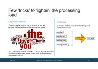 19 Jan 2014 FABRIKATYR – TOPIC MODELLING POLITICAL DISCOURSE 10
Few ‘tricks’ to ‘lighten’ the processing
load
‘Function words’ such as the, of, to, and, a, etc. will
pervade the learned topics, hiding the actual topics
Stemming
Semantic method which simplifies things, but
dialects can distort
StopWord Removal
Non-function Stop-word lists must often be domain-dependent and there
are inevitably cases where filtering causes noise, or misses patterns
that may be of interest
 