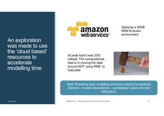 An exploration
was made to use
the ‘cloud based’
resources to
accelerate
modelling time
Threading!!!!!
19 Jan 2014 FABRIKATYR – TOPIC MODELLING POLITICAL DISCOURSE 17
Applying a 30GB
RAM R-studio
environment
At peak load it was 25%
utilised. The computational
load is in moving the data
around NOT using RAM to
Calculate
Multi Threading topic modelling solutions need to be explored
(Gensim - models.ldamulticore – parallelized Latent Dirichlet
Allocation)
 