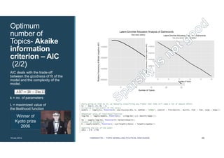 Optimum
number of
Topics- Akaike
information
criterion – AIC
(2/2)
AIC deals with the trade-off
between the goodness of fit of the
model and the complexity of the
model.
k = no. of parameters
L = maximized value of
the likelihood function
Winner of
Kyoto prize
2006
19 Jan 2014 FABRIKATYR – TOPIC MODELLING POLITICAL DISCOURSE 28
 
