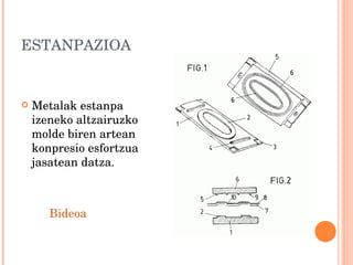 ESTANPAZIOA Metalak estanpa izeneko altzairuzko molde biren artean konpresio esfortzua jasatean datza.  Bideoa 