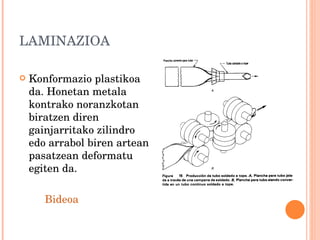 LAMINAZIOA Konformazio plastikoa da. Honetan metala kontrako noranzkotan biratzen diren gainjarritako zilindro edo arrabol biren artean pasatzean deformatu egiten da.  Bideoa 