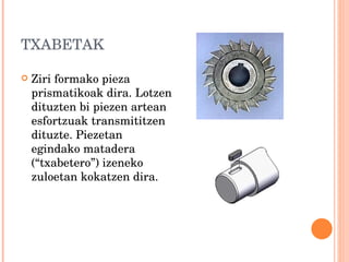 TXABETAK Ziri formako pieza prismatikoak dira. Lotzen dituzten bi piezen artean esfortzuak transmititzen dituzte. Piezetan egindako matadera (“txabetero”) izeneko zuloetan kokatzen dira. 