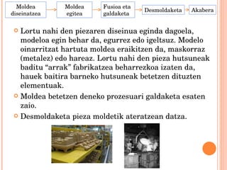 Lortu nahi den piezaren diseinua eginda dagoela, modeloa egin behar da, egurrez edo igeltsuz. Modelo oinarritzat hartuta moldea eraikitzen da, maskorraz (metalez) edo hareaz. Lortu nahi den pieza hutsuneak baditu “arrak” fabrikatzea beharrezkoa izaten da, hauek baitira barneko hutsuneak betetzen dituzten elementuak. Moldea betetzen deneko prozesuari galdaketa esaten zaio. Desmoldaketa pieza moldetik ateratzean datza. Moldea diseinatzea Moldea egitea Fusioa eta galdaketa Desmoldaketa Akabera 