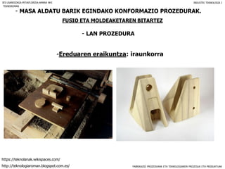 FABRIKAZIO PROZEDURAK ETA TEKNOLOGIAREN PROZESUA ETA PRODUKTUAK
- MASA ALDATU BARIK EGINDAKO KONFORMAZIO PROZEDURAK.
FUSIO ETA MOLDEAKETAREN BITARTEZ
- LAN PROZEDURA
IES USANDIZAGA-PEÑAFLORIDA-AMARA BHI INDUSTRI TEKNOLOGIA I
-Ereduaren eraikuntza: iraunkorra
TEKNOROMAN
http://teknologiaroman.blogspot.com.es/
https://teknolanak.wikispaces.com/
 