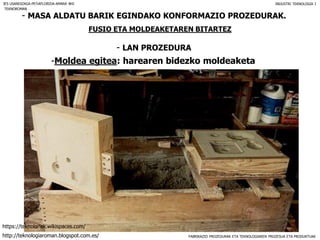 FABRIKAZIO PROZEDURAK ETA TEKNOLOGIAREN PROZESUA ETA PRODUKTUAK
- MASA ALDATU BARIK EGINDAKO KONFORMAZIO PROZEDURAK.
FUSIO ETA MOLDEAKETAREN BITARTEZ
- LAN PROZEDURA
IES USANDIZAGA-PEÑAFLORIDA-AMARA BHI INDUSTRI TEKNOLOGIA I
-Moldea egitea: harearen bidezko moldeaketa
TEKNOROMAN
http://teknologiaroman.blogspot.com.es/
https://teknolanak.wikispaces.com/
 