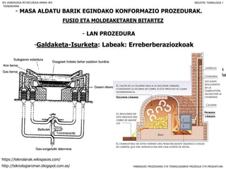 FABRIKAZIO PROZEDURAK ETA TEKNOLOGIAREN PROZESUA ETA PRODUKTUAK
- MASA ALDATU BARIK EGINDAKO KONFORMAZIO PROZEDURAK.
FUSIO ETA MOLDEAKETAREN BITARTEZ
- LAN PROZEDURA
IES USANDIZAGA-PEÑAFLORIDA-AMARA BHI INDUSTRI TEKNOLOGIA I
-Galdaketa-Isurketa: Labeak: Erreberberaziozkoak
TEKNOROMAN
http://teknologiaroman.blogspot.com.es/
https://teknolanak.wikispaces.com/
 