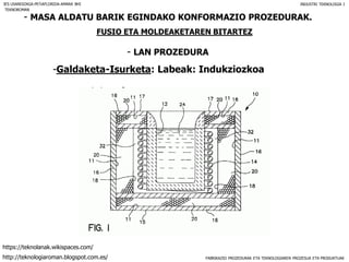 FABRIKAZIO PROZEDURAK ETA TEKNOLOGIAREN PROZESUA ETA PRODUKTUAK
- MASA ALDATU BARIK EGINDAKO KONFORMAZIO PROZEDURAK.
FUSIO ETA MOLDEAKETAREN BITARTEZ
- LAN PROZEDURA
IES USANDIZAGA-PEÑAFLORIDA-AMARA BHI INDUSTRI TEKNOLOGIA I
-Galdaketa-Isurketa: Labeak: Indukziozkoa
TEKNOROMAN
http://teknologiaroman.blogspot.com.es/
https://teknolanak.wikispaces.com/
 