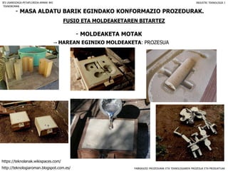 FABRIKAZIO PROZEDURAK ETA TEKNOLOGIAREN PROZESUA ETA PRODUKTUAK
- MASA ALDATU BARIK EGINDAKO KONFORMAZIO PROZEDURAK.
FUSIO ETA MOLDEAKETAREN BITARTEZ
- MOLDEAKETA MOTAK
IES USANDIZAGA-PEÑAFLORIDA-AMARA BHI INDUSTRI TEKNOLOGIA I
-- HAREAN EGINIKO MOLDEAKETA: PROZESUA
TEKNOROMAN
http://teknologiaroman.blogspot.com.es/
https://teknolanak.wikispaces.com/
 