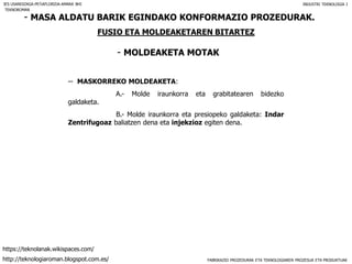 FABRIKAZIO PROZEDURAK ETA TEKNOLOGIAREN PROZESUA ETA PRODUKTUAK
- MASA ALDATU BARIK EGINDAKO KONFORMAZIO PROZEDURAK.
FUSIO ETA MOLDEAKETAREN BITARTEZ
- MOLDEAKETA MOTAK
IES USANDIZAGA-PEÑAFLORIDA-AMARA BHI INDUSTRI TEKNOLOGIA I
-- MASKORREKO MOLDEAKETA:
A.- Molde iraunkorra eta grabitatearen bidezko
galdaketa.
B.- Molde iraunkorra eta presiopeko galdaketa: Indar
Zentrifugoaz baliatzen dena eta injekzioz egiten dena.
TEKNOROMAN
http://teknologiaroman.blogspot.com.es/
https://teknolanak.wikispaces.com/
 