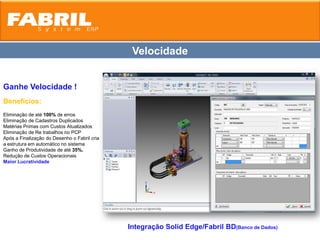 Velocidade


Ganhe Velocidade !
Benefícios:
Eliminação de até 100% de erros
Eliminação de Cadastros Duplicados
Matérias Primas com Custos Atualizados
Eliminação de Re trabalhos no PCP
Após a Finalização do Desenho o Fabril cria
a estrutura em automático no sistema
Ganho de Produtividade de até 35%.
Redução de Custos Operacionais
Maior Lucratividade




                                              Integração Solid Edge/Fabril BD(Banco de Dados)
 
