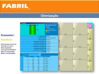 Otimização




Economia !
Benefícios:
Minimização dos Erros
Precisão no Corte
Maior Agilidade
Controle dos Retalhos
Maior Produtividade
Maior Lucratividade
 