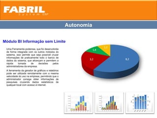 Autonomia


Módulo BI Informação sem Limite
 Uma Ferramenta poderosa, que foi desenvolvida
 de forma integrada com os outros módulos do
 sistema, isso permite que seja possível cruzar
 informações de praticamente todo o banco de
 dados do sistema, que alicerçam e permitem a
 rápida     tomada     de    decisões     pelos
 administradores da empresa.
 A ferramenta da gerador de gráficos e relatórios
 pode ser utilizada remotamente com a mesma
 velocidade do uso na empresa, permitindo que o
 administrador consiga obter informações de
 pesquisas cruzando dados estatísticos de
 qualquer local com acesso à internet.
 