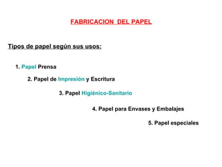FABRICACION  DEL PAPEL 1.  Papel  Prensa 2. Papel de  Impresión  y Escritura   3. Papel  Higiénico-Sanitario   4. Papel para Envases y Embalajes   5. Papel especiales   Tipos de papel según sus usos: 