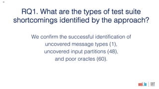 24
RQ1. What are the types of test suite
shortcomings identified by the approach?
We confirm the successful identification of
uncovered message types (1),
uncovered input partitions (48),
and poor oracles (60).
 