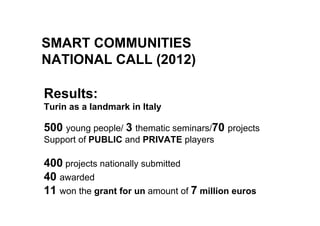 Turin as a landmark in Italy
500 young people/ 3 thematic seminars/70 projects
Support of PUBLIC and PRIVATE players
400 projects nationally submitted
40 awarded
11 won the grant for un amount of 7 million euros
SMART COMMUNITIES
NATIONAL CALL (2012)
Results:
 
