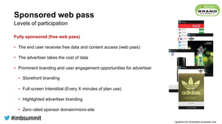 Sponsored web pass
Fully sponsored (free web pass)
•  The end user receives free data and content access (web pass)
•  The advertiser takes the cost of data
•  Prominent branding and user engagement opportunities for advertiser
•  Storefront branding
•  Full screen Interstitial (Every X minutes of plan use)
•  Highlighted advertiser branding
•  Zero rated sponsor domain/micro-site
Levels of participation
*graphics for illustration purposes only
 