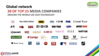 20	
  OF	
  TOP	
  25	
  MEDIA	
  COMPANIES	
  	
  
AROUND	
  THE	
  WORLD	
  USE	
  OUR	
  TECHNOLOGY	
  
	
  
Global network
 