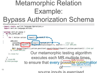 Metamorphic Relation
Example:
Bypass Authorization Schema
19
Our metamorphic testing algorithm
executes each MR multiple times,
to ensure that every possible combination
of
Data function
Boolean operat
or
Web specific functio
n
 