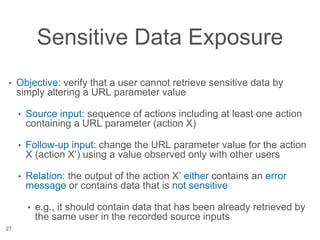 Sensitive Data Exposure
• Objective: verify that a user cannot retrieve sensitive data by
simply altering a URL parameter value
• Source input: sequence of actions including at least one action
containing a URL parameter (action X)
• Follow-up input: change the URL parameter value for the action
X (action X’) using a value observed only with other users
• Relation: the output of the action X’ either contains an error
message or contains data that is not sensitive
• e.g., it should contain data that has been already retrieved by
the same user in the recorded source inputs
27
 