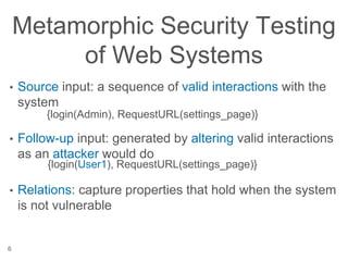 Metamorphic Security Testing
of Web Systems
• Source input: a sequence of valid interactions with the
system
• Follow-up input: generated by altering valid interactions
as an attacker would do
• Relations: capture properties that hold when the system
is not vulnerable
6
{login(Admin), RequestURL(settings_page)}
{login(User1), RequestURL(settings_page)}
 
