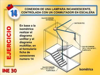CAJA DE CONEXION
1,20 a 1.35 m del N.P.T.
PLANTA BAJA
DUCTOS DE PVC.
CAJA DE CONEXION
OCTOGONAL
CAJA DE CONEXION
1,20 a 1.35 m del N.P.T.
PLANTA ALTA
EJERCICIO CONEXION DE UNA LAMPARA INCANDESCENTE,
CONTROLADA CON UN CONMUTADOR EN ESCALERA
En base a la
isométrica
realizar el
diagrama
unifilar y el
diagrama
multifilar, en
el formulario
ficha de
conexiones
numero 14
Isométrica
 