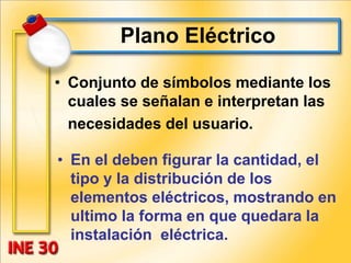 Plano Eléctrico
• Conjunto de símbolos mediante los
cuales se señalan e interpretan las
necesidades del usuario.
• En el deben figurar la cantidad, el
tipo y la distribución de los
elementos eléctricos, mostrando en
ultimo la forma en que quedara la
instalación eléctrica.
 