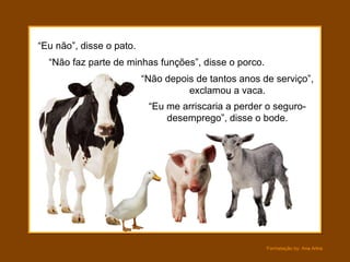 “ Eu não”, disse o pato. “ Não depois de tantos anos de serviço”, exclamou a vaca. “ Não faz parte de minhas funções”, disse o porco. “ Eu me arriscaria a perder o seguro-desemprego”, disse o bode. 