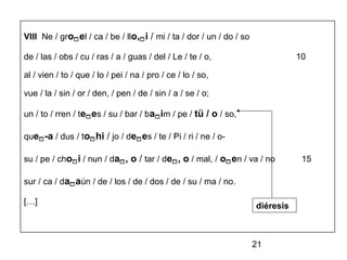 VIII Ne / groel / ca / be / llo,i / mi / ta / dor / un / do / so

de / las / obs / cu / ras / a / guas / del / Le / te / o,                       10

al / vien / to / que / lo / pei / na / pro / ce / lo / so,

vue / la / sin / or / den, / pen / de / sin / a / se / o;

un / to / rren / tees / su / bar / baim / pe / tü / o / so,

que-a / dus / tohi / jo / dees / te / Pi / ri / ne / o-

su / pe / choi / nun / da, o / tar / de, o / mal, / oen / va / no            15

sur / ca / daaún / de / los / de / dos / de / su / ma / no.

[…]                                                                  diéresis



                                                                     21
 
