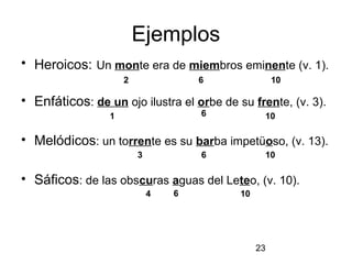 Ejemplos
• Heroicos: Un monte era de miembros eminente (v. 1).
                     2               6               10

• Enfáticos: de un ojo ilustra el orbe de su frente, (v. 3).
                 1                   6           10

• Melódicos: un torrente es su barba impetüoso, (v. 13).
                         3           6           10

• Sáficos: de las obscuras aguas del Leteo, (v. 10).
                             4   6         10




                                                23
 