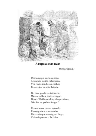 A raposa e as uvas
Bocage (Trad.)
Contam que certa raposa,
Andando muito esfaimada,
Viu roxos maduros cachos
Pendentes de alta latada.
De bom grado os trincaria,
Mas sem lhes poder chegar.
Disse: "Estão verdes, não prestam,
Só cães os podem tragar!"
Eis cai uma parra, quando
Prosseguia seu caminho,
E crendo que era algum bago,
Volta depressa o focinho.
 