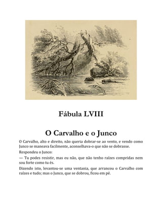 Fábula LVIII
O Carvalho e o Junco
O Carvalho, alto e direito, não queria dobrar-se ao vento, e vendo como
Junco se maneava facilmente, aconselhava-o que não se dobrasse.
Respondeu o Junco:
— Tu podes resistir, mas eu não, que não tenho raízes compridas nem
sou forte como tu és.
Dizendo isto, levantou-se uma ventania, que arrancou o Carvalho com
raízes e tudo; mas o Junco, que se dobrou, ficou em pé.
 