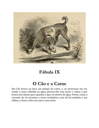 Fábula IX
O Cão e a Carne
Um Cão levava na boca um pedaço de carne, e, ao atravessar um rio,
vendo a carne refletida na água, pareceu-lhe esta maior e soltou a que
levava nos dentes para apanhar a que via dentro de água. Porém, como a
corrente do rio arrastou a carne verdadeira, com ela foi também o seu
reflexo, e ficou o Cão sem uma e sem outro.
 