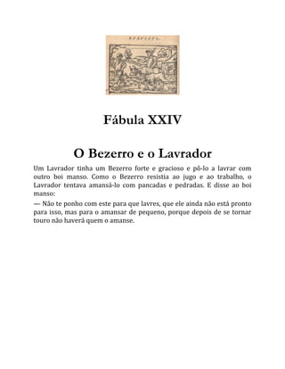 Fábula XXIV
O Bezerro e o Lavrador
Um Lavrador tinha um Bezerro forte e gracioso e pô-lo a lavrar com
outro boi manso. Como o Bezerro resistia ao jugo e ao trabalho, o
Lavrador tentava amansá-lo com pancadas e pedradas. E disse ao boi
manso:
— Não te ponho com este para que lavres, que ele ainda não está pronto
para isso, mas para o amansar de pequeno, porque depois de se tornar
touro não haverá quem o amanse.
 